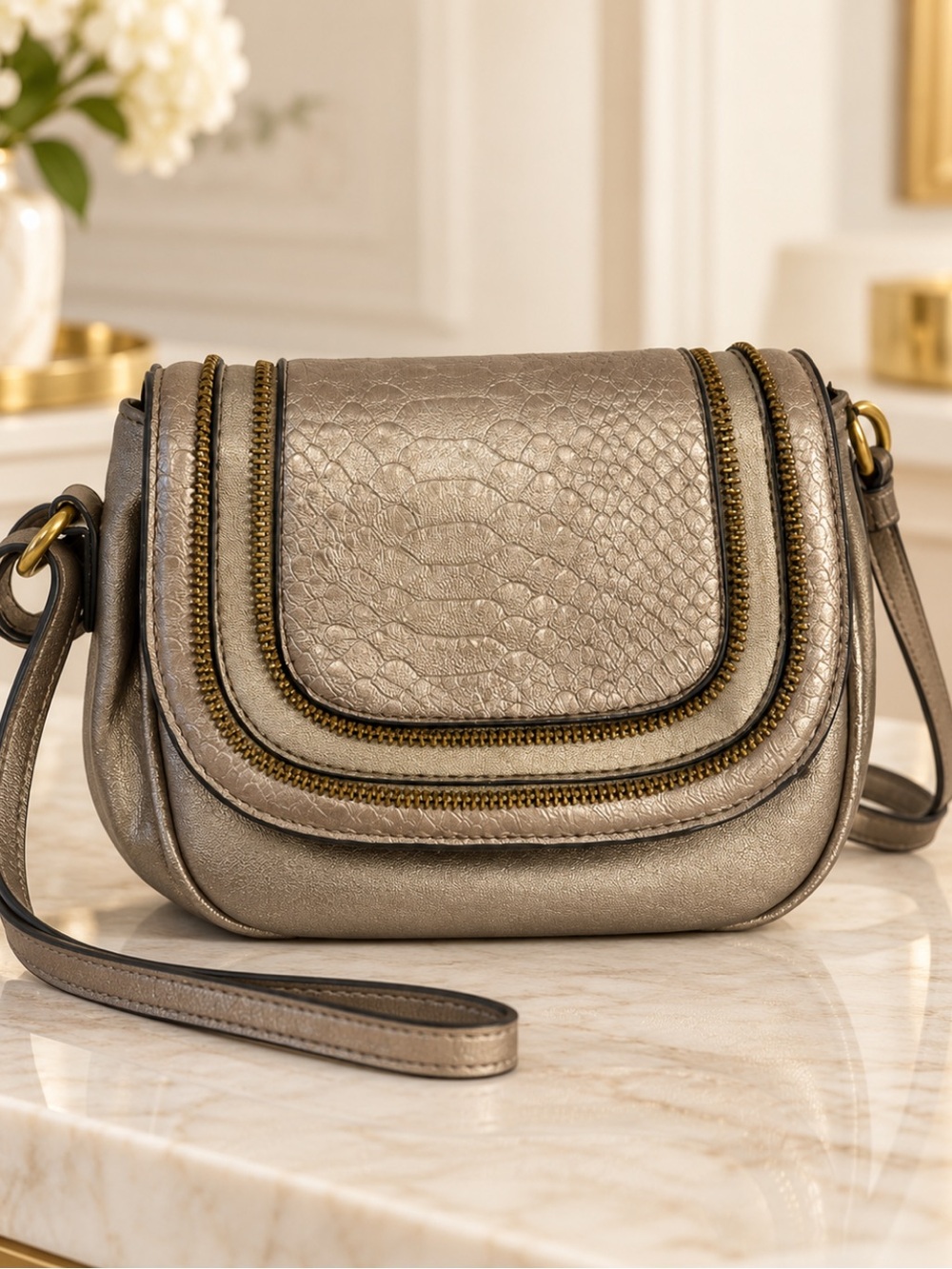 Jessica Simpson Metallic Taupe Crossbody with Gold Hardware and Textured Flap